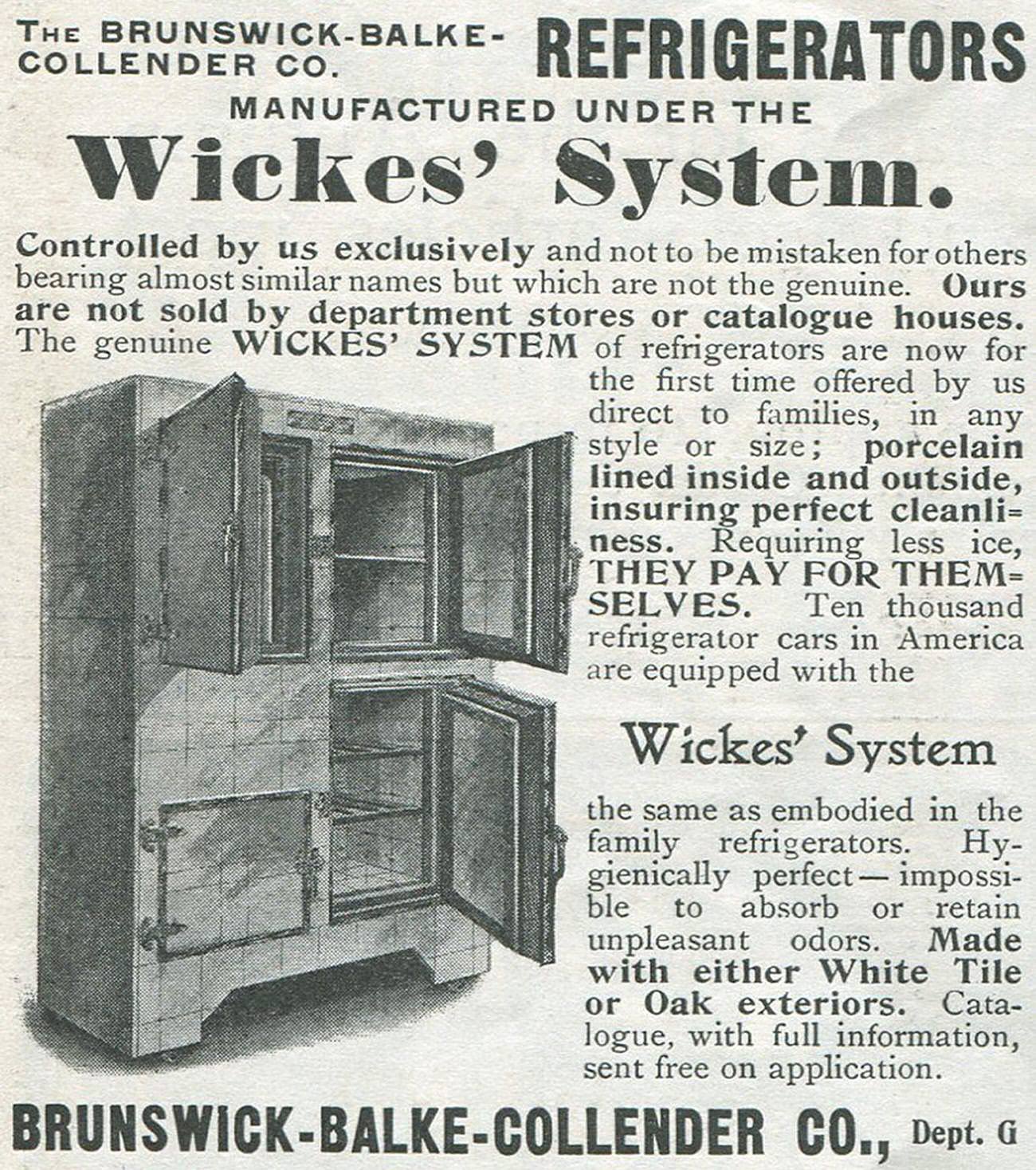 Wickes’ System refrigerators ad, Brunswick-Balke-Collender Company, 1900.