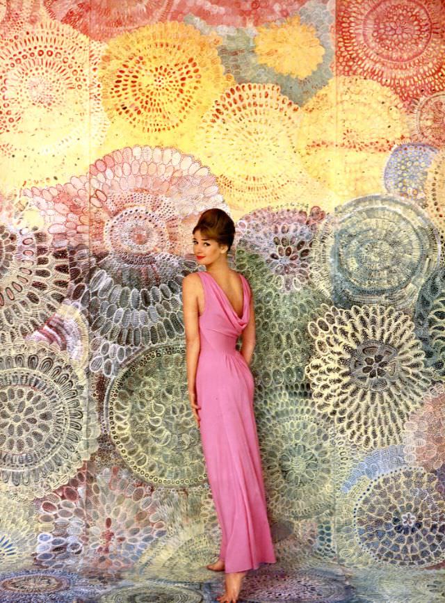 #18 Dolores Hawkins in a pink nylon cowl-necked nightgown by Rogers, Vogue, November 1, 1959.