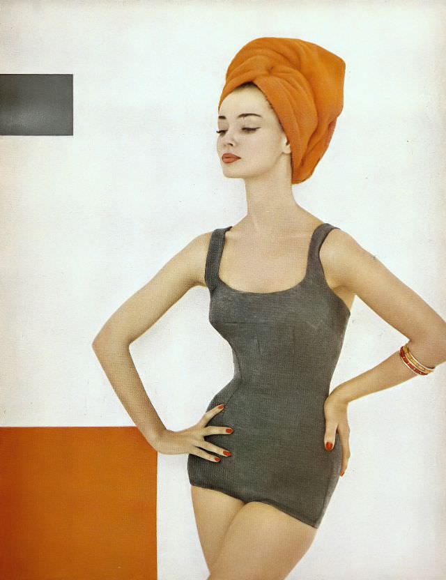 #5 Dolores Hawkins in a heathery jersey swimsuit by Maurice Handler of California, Harper’s Bazaar, June 1957.