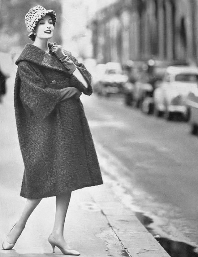 #9 Gitta Schilling in tweed coat by Jacques Heim, October 1958.
