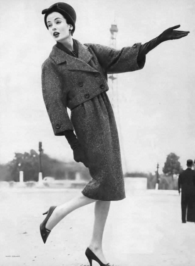 #8 Gitta Schilling in gray tweed suit by Dior, October 1, 1958.