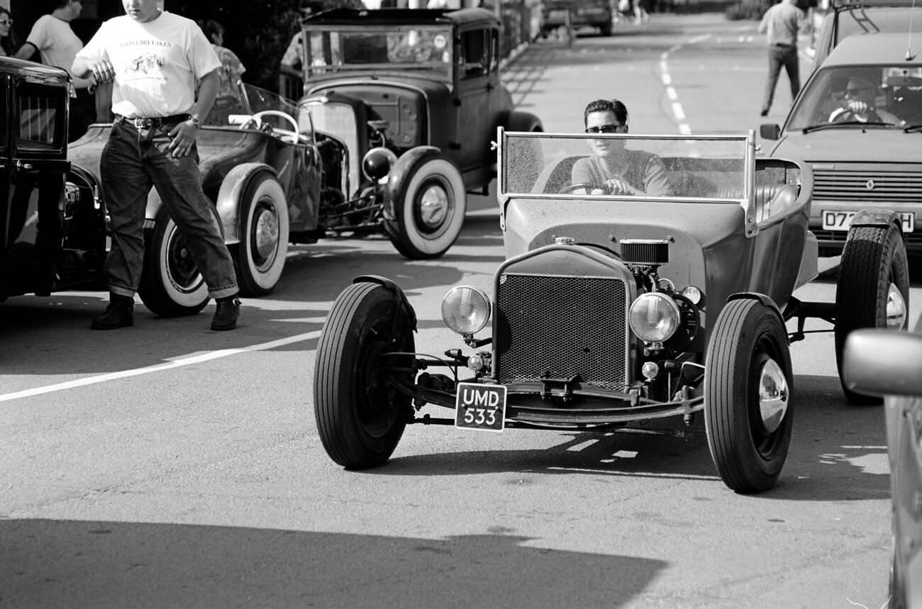 #19 Roadster arriving at Hemsby rock n roll retro festival, 1995.