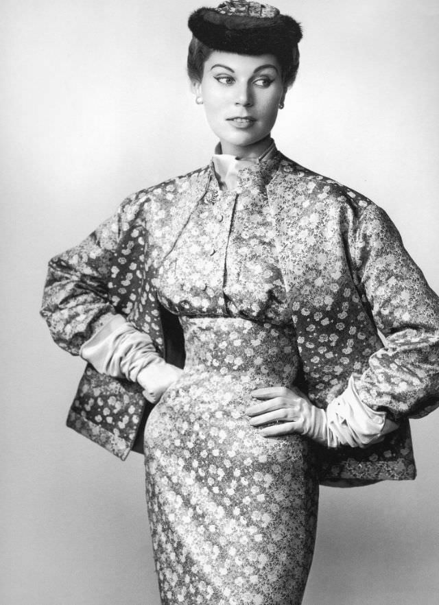 #12 Stella in a silk ensemble by Jacques Fath, 1953.
