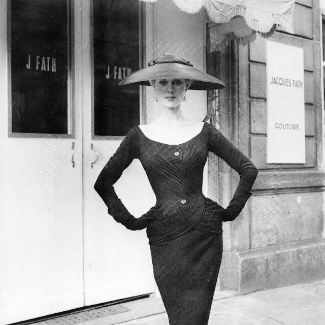 #22 Stella in a black wool jersey afternoon dress by Jacques Fath, Autumn 1954.