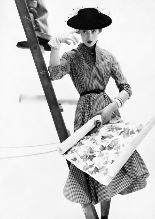 #13 Pat O’Reilly in a brown-and-cream check dress by Susan Small, Harper’s Bazaar UK, February 1951.