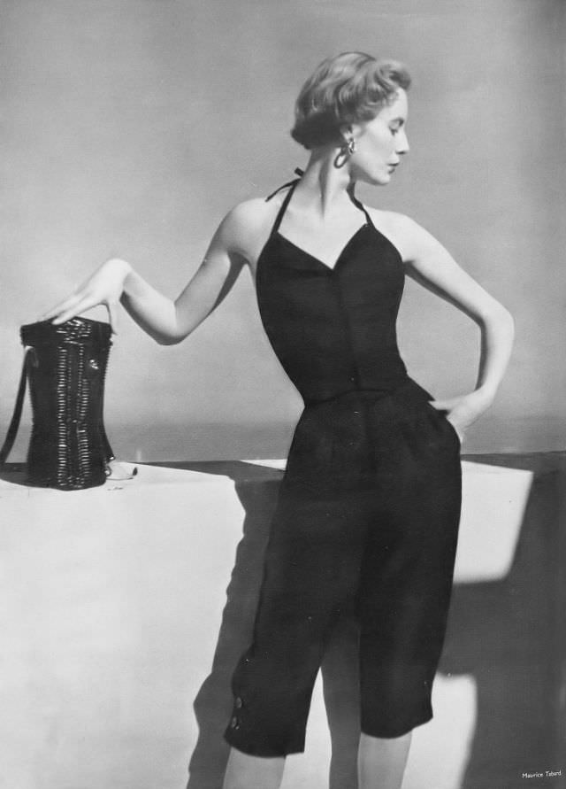 #3 Pat O’Reilly in black linen slacks and halter top by Londonus, Harper’s Bazaar UK, June 1950.