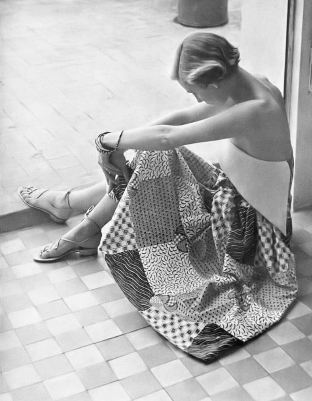 #7 Pat O’Reilly in a blue and white patchwork sundress by Ian Meredith, Harper’s Bazaar UK, June 1950.