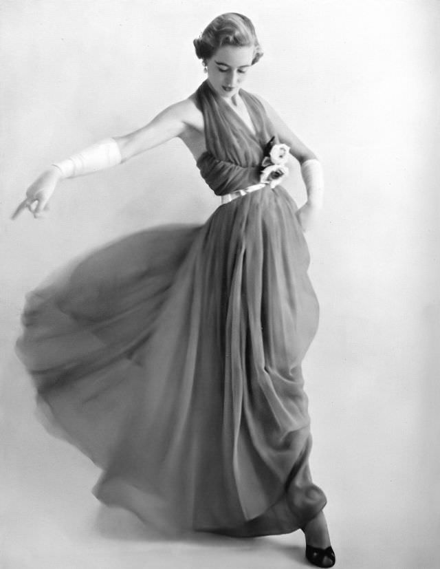 #8 Pat O’Reilly in a cherry-colored silk chiffon dance-dress by Frank Usher, Harper’s Bazaar UK, December 1950.