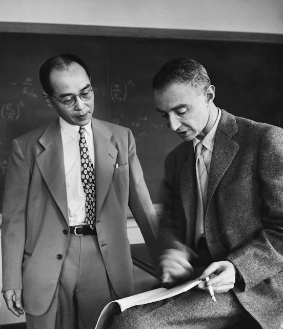 #14 J. Robert Oppenheimer with Nobel Prize recipient Hideki Yukawa in Oppenheimer’s office at Princeton, 1949.