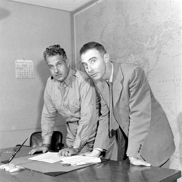 #7 General Leslie Groves and J. Robert Oppenheimer, key figures in the first atomic bomb development, 1945.