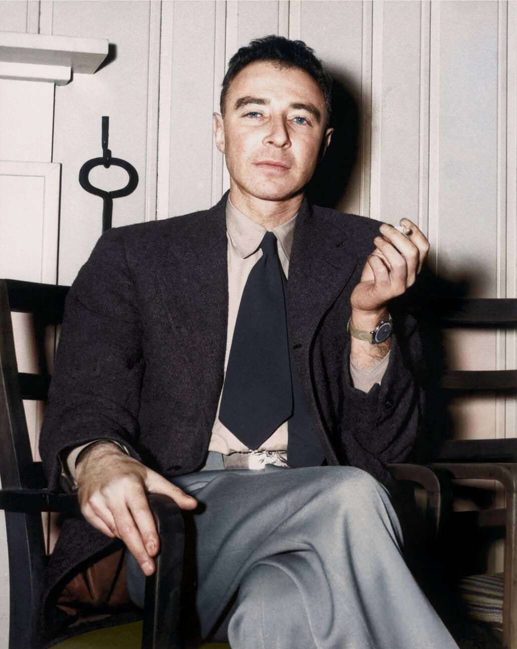 #24 J. Robert Oppenheimer smoking a cigarette at the Guest Lodge, Oak Ridge, Tennessee, circa 1946.