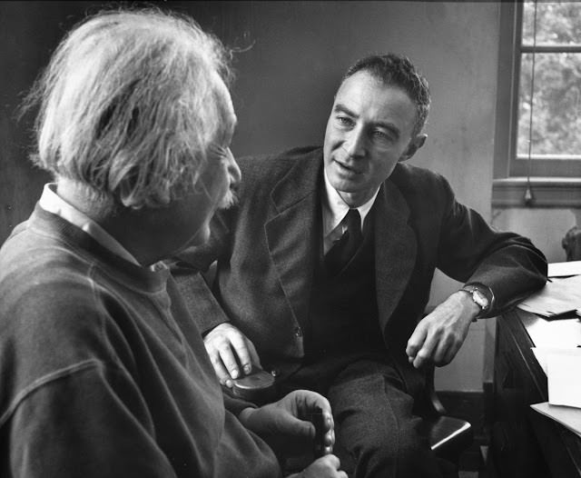 #10 J. Robert Oppenheimer and Albert Einstein, Princeton, New Jersey, 1947.