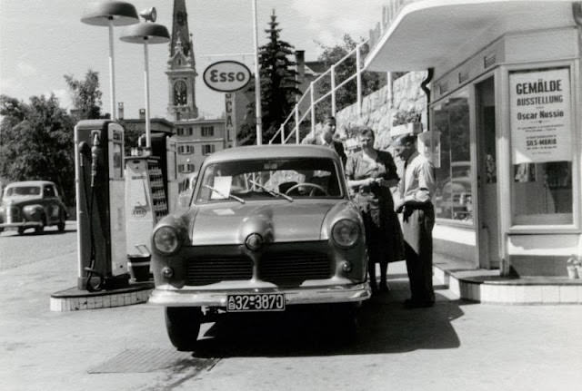 #19 Ford Taunus 12 M at an Esso station in St. Moritz, circa 1950s.