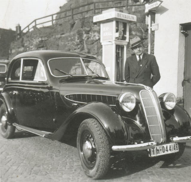 #4 Man in pinstripe suit with a BMW 320 Limousine 2 Türen in Thuringia, circa 1930s.