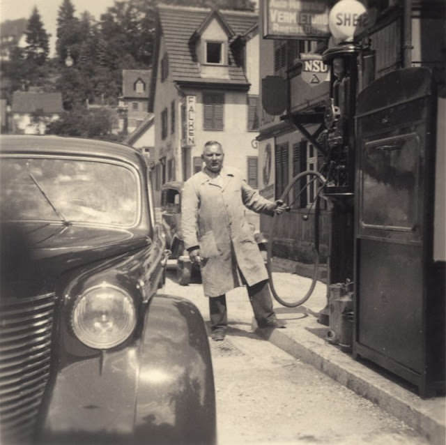 #6 Shell petrol station with an Opel Olympia, Germany, late 1930s.