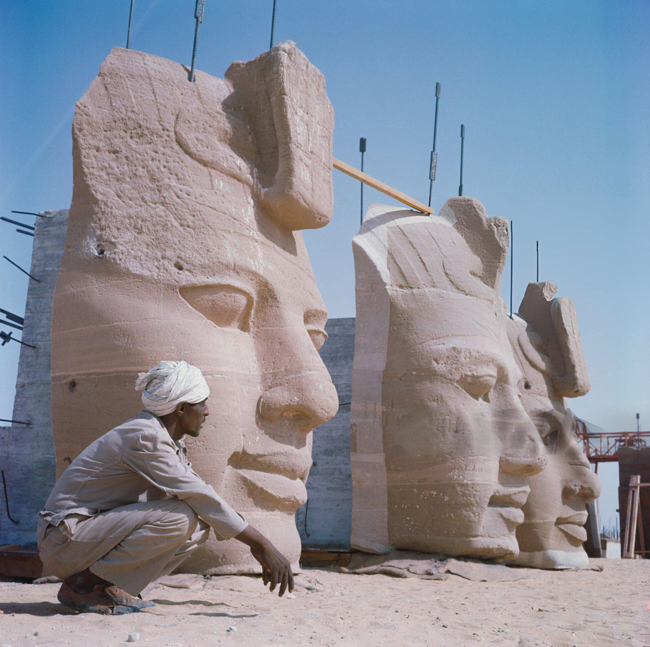 #3 Stone heads of Pharaoh Ramesses II’s statues at Abu Simbel being disassembled in 1964 for relocation due to Nile flooding from the Aswan High Dam.