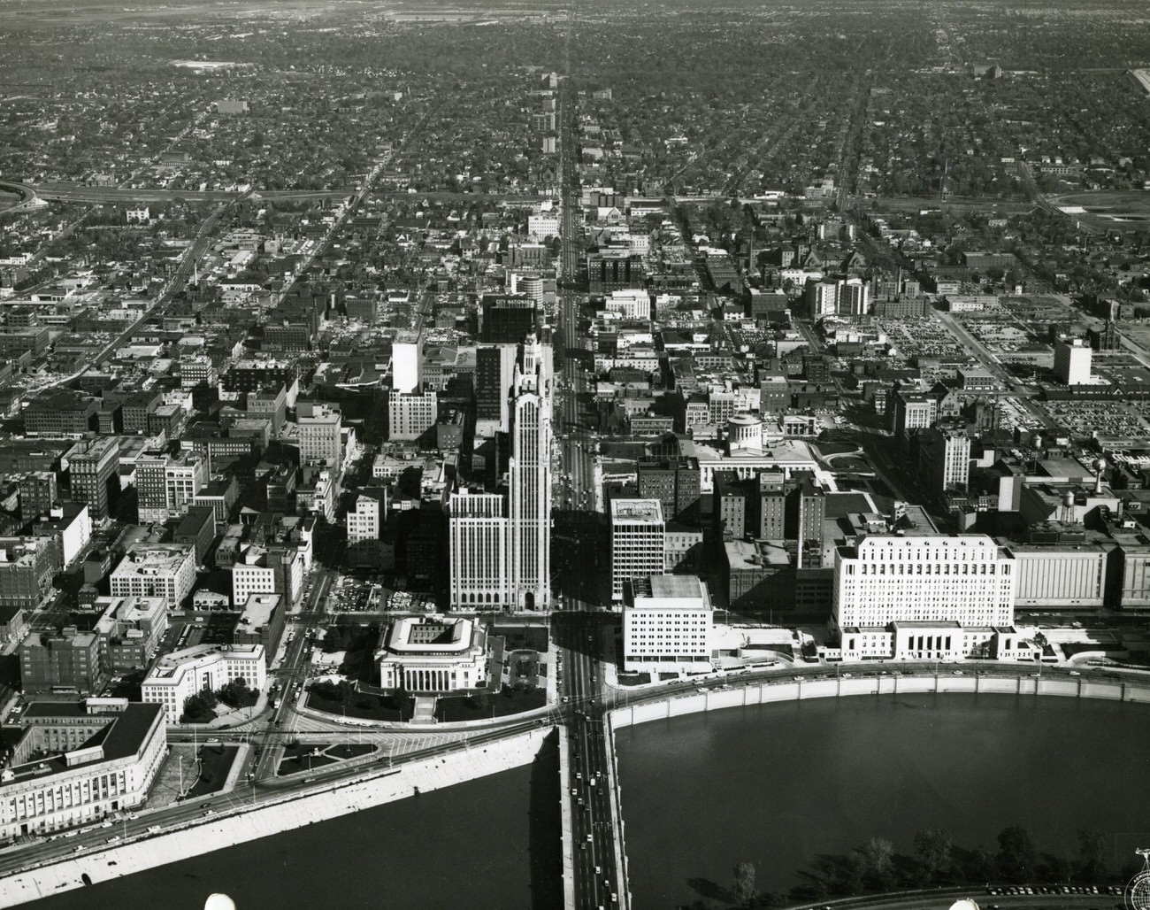 #20 Aerial view of downtown Columbus looking east along Broad Street from the Scioto River, 1965.
