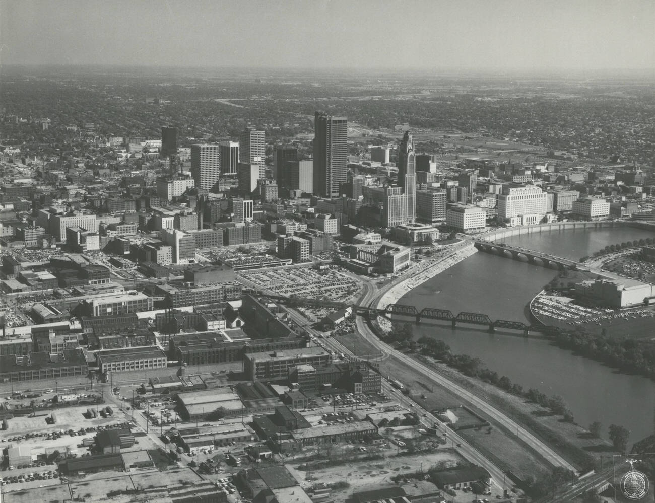 #6 Aerial view of downtown Columbus looking southeast, featuring the Belmont Casket and Ohio Penitentiary, 1973.