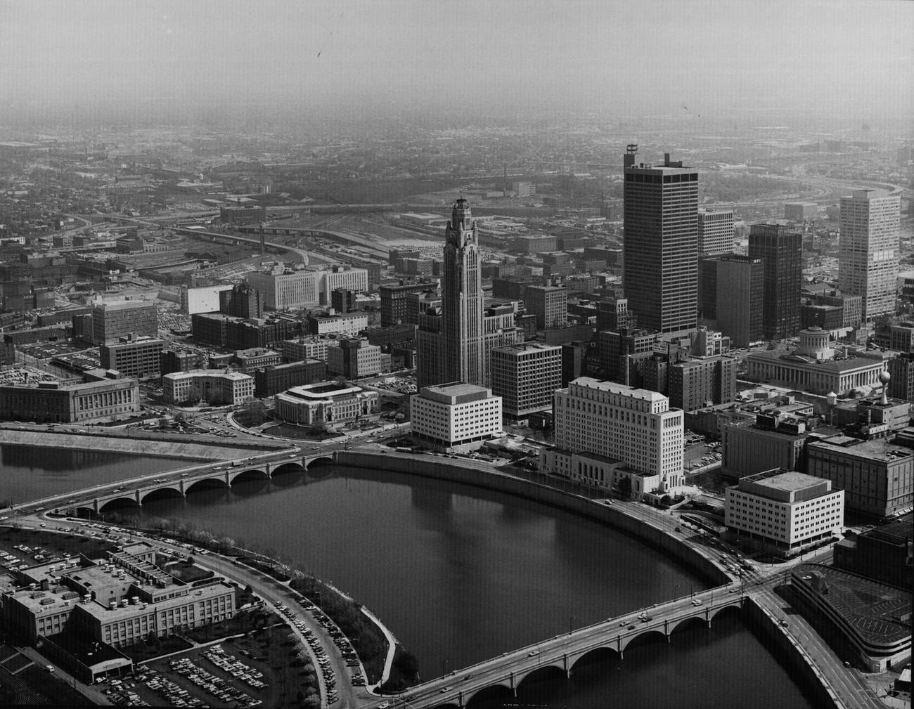 #8 Aerial view of downtown Columbus looking northeast across the Scioto River, 1975.