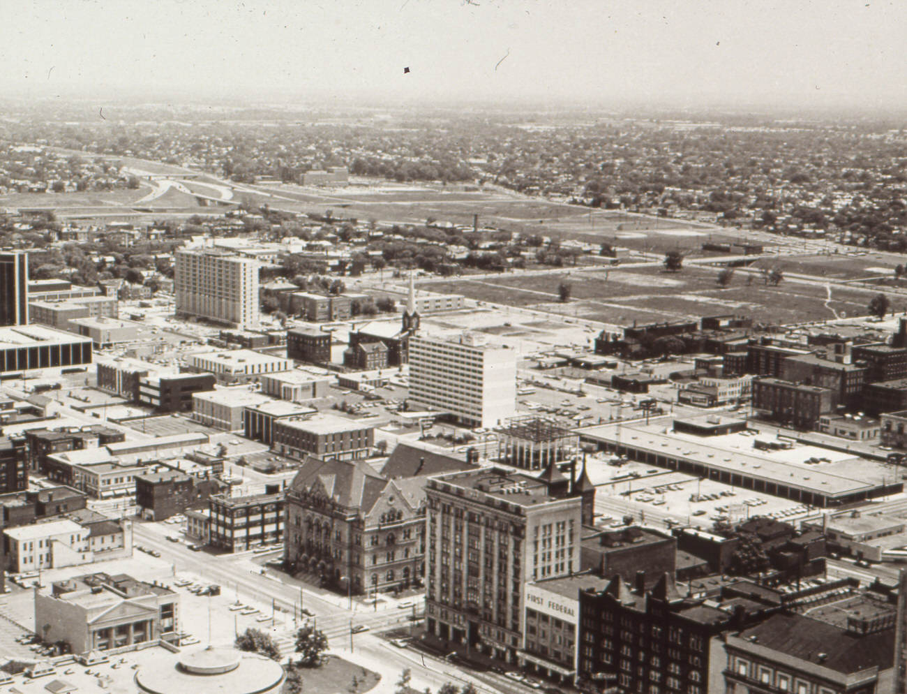 #22 Aerial view of downtown Columbus looking southeast, featuring Hartman Office Building and Old Post Office, 1968.