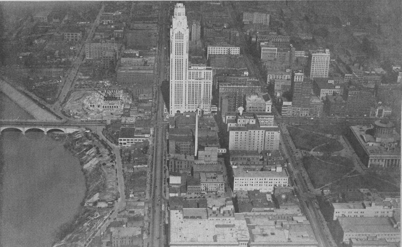 #1 Aerial view looking north of downtown Columbus, featuring LeVeque Tower, 1930.