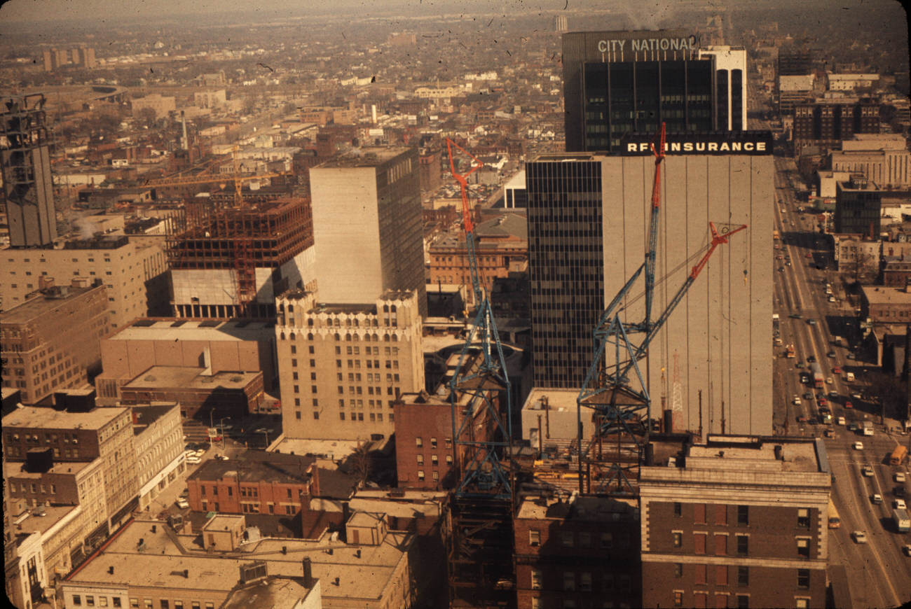 #9 Aerial view of East Broad Street looking east toward Rhodes Office Tower and Ohio Bell Telephone Company Construction, 1972.