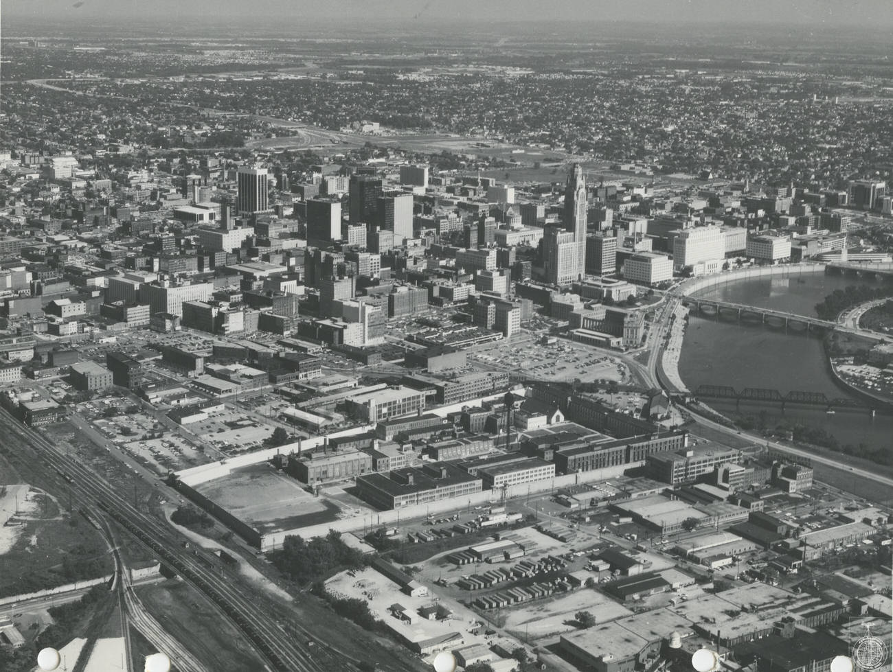 #10 Aerial view of downtown Columbus looking southeast, featuring Ohio Penitentiary and future Arena District, 1971.