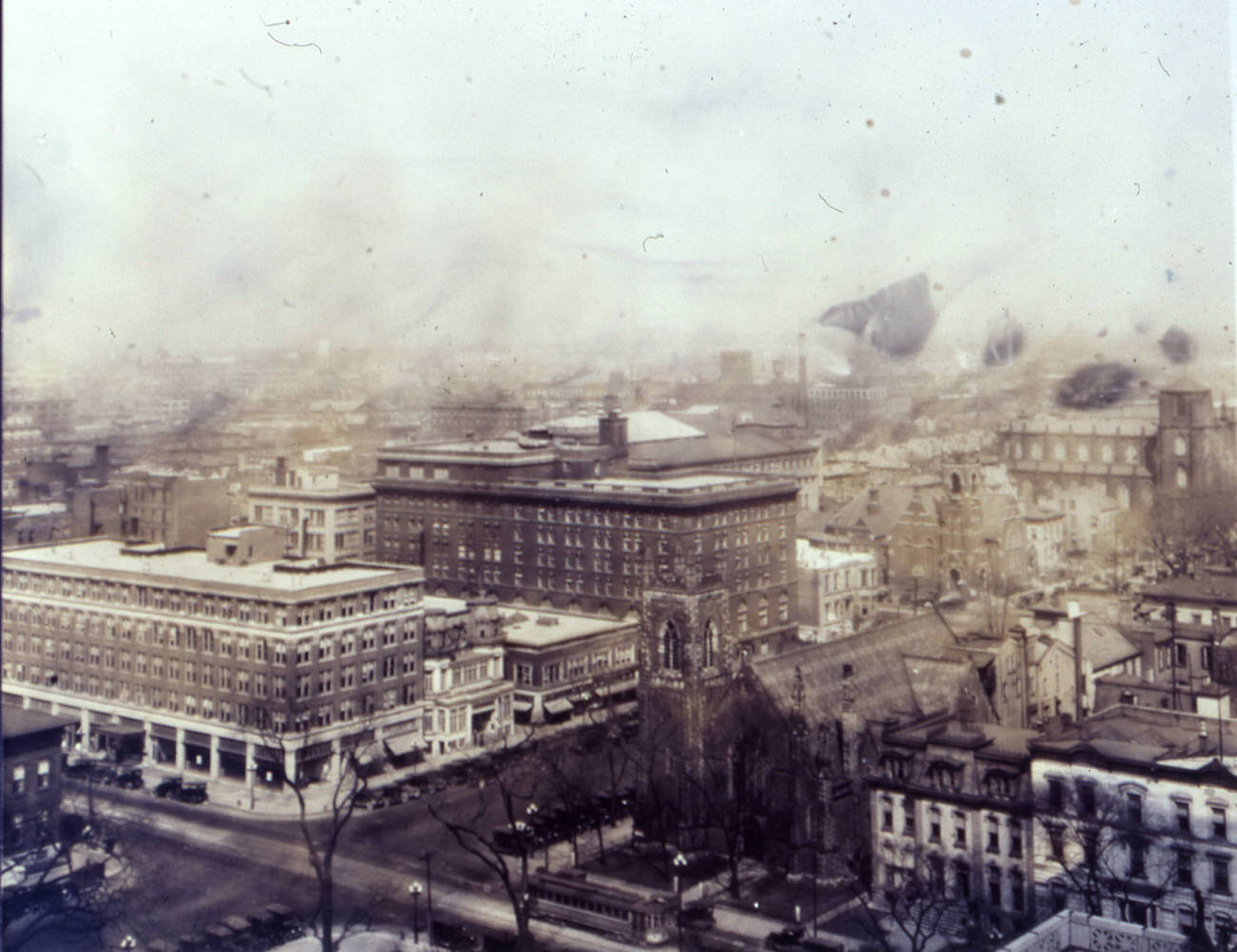 #8 Aerial view of East Broad and 3rd Streets, featuring the Rowland Building and Benjamin Brown Mansion, 1890s