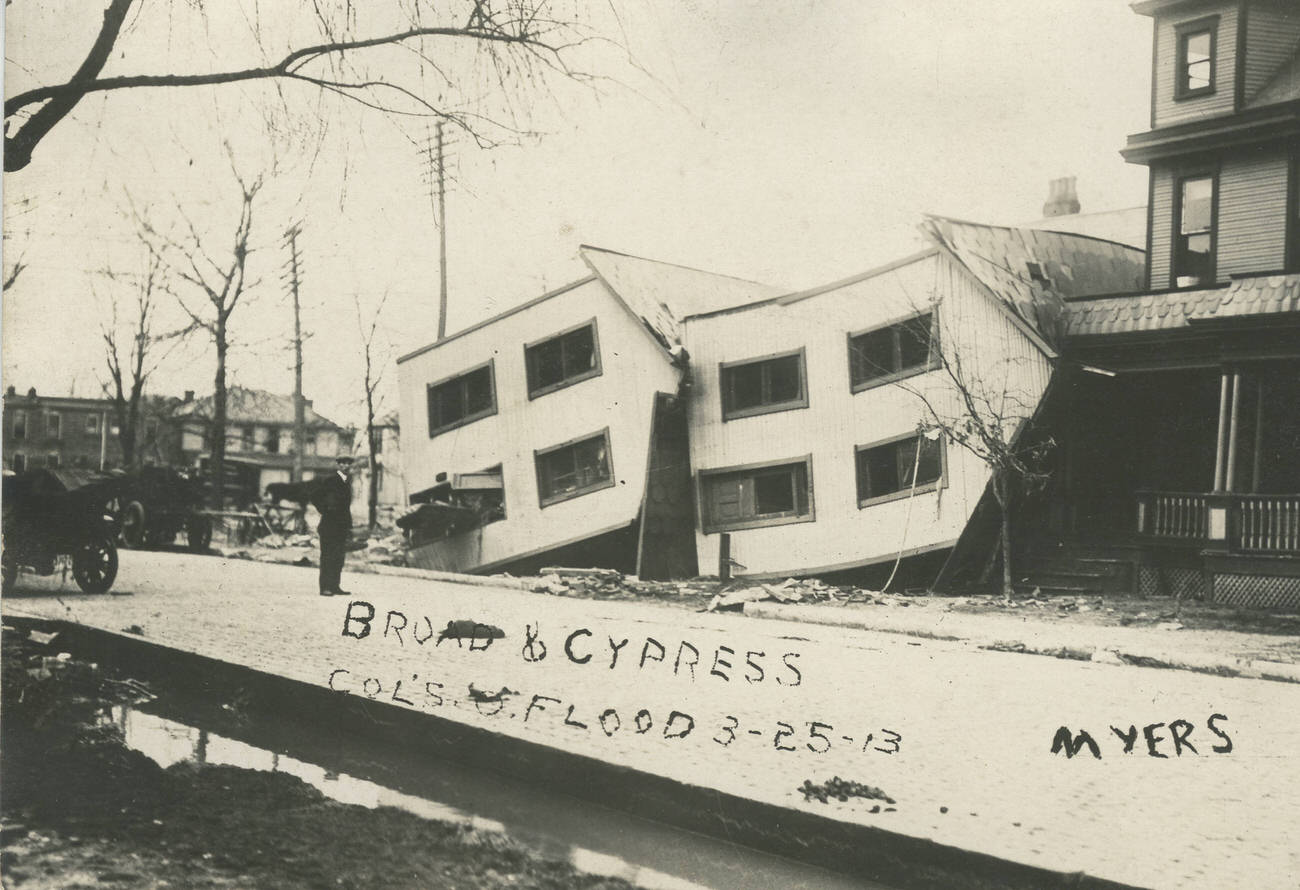 #5 Overturned houses at Broad and Cypress Streets in Columbus during the 1913 flood, March 25, 1913.