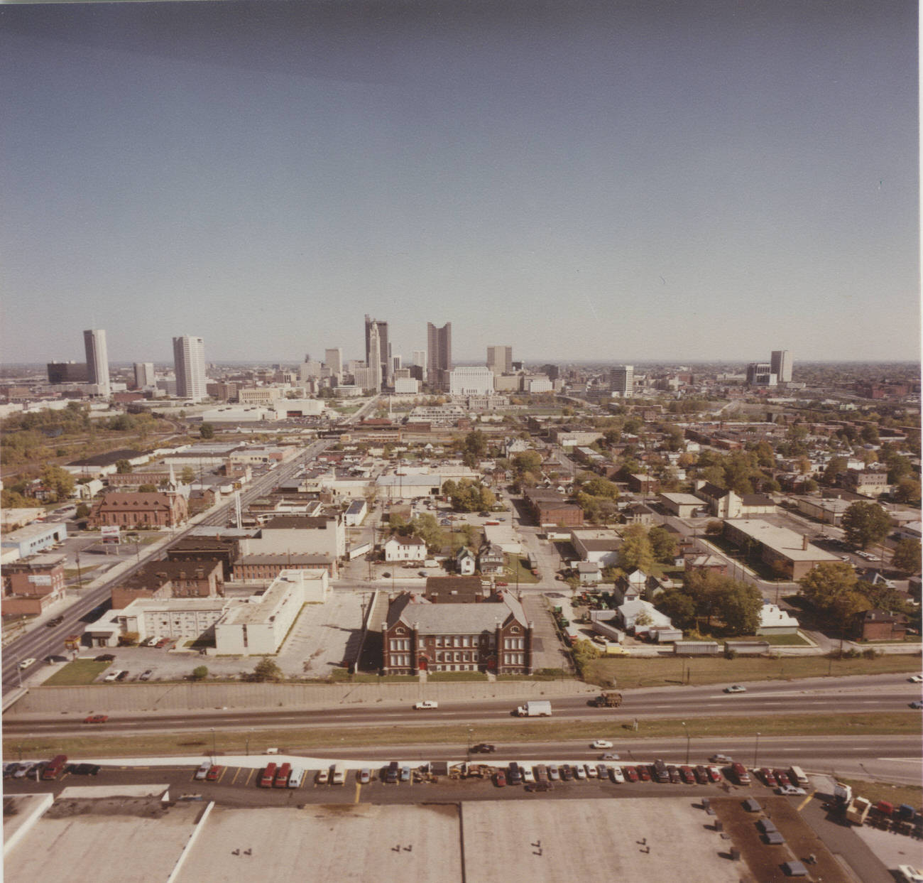 #69 Aerial views from Route 315 looking east across Franklinton toward downtown Columbus, 1985.