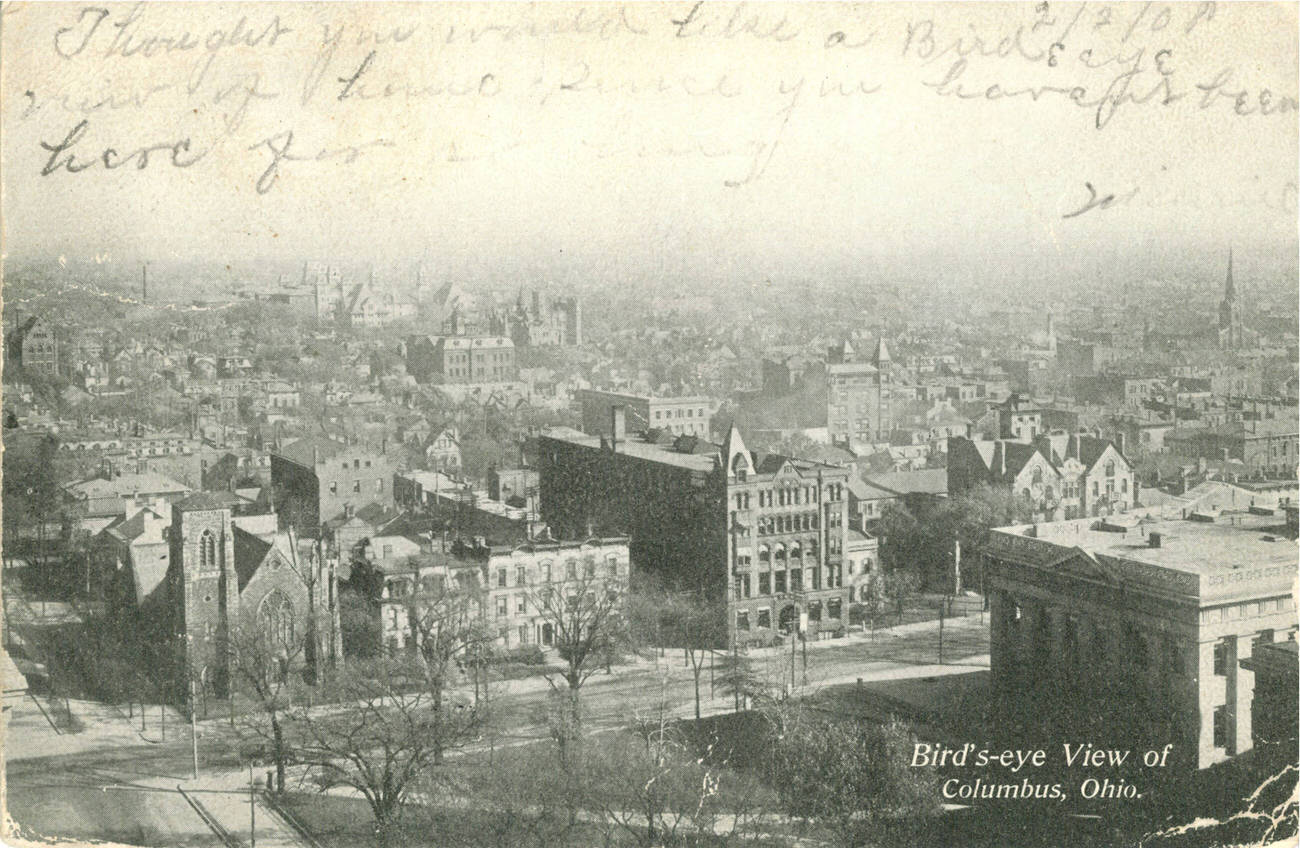 #15 Bird’s-eye view of Columbus, Ohio, panoramic view from a height on the north side of the capitol square looking east south east, 1890s
