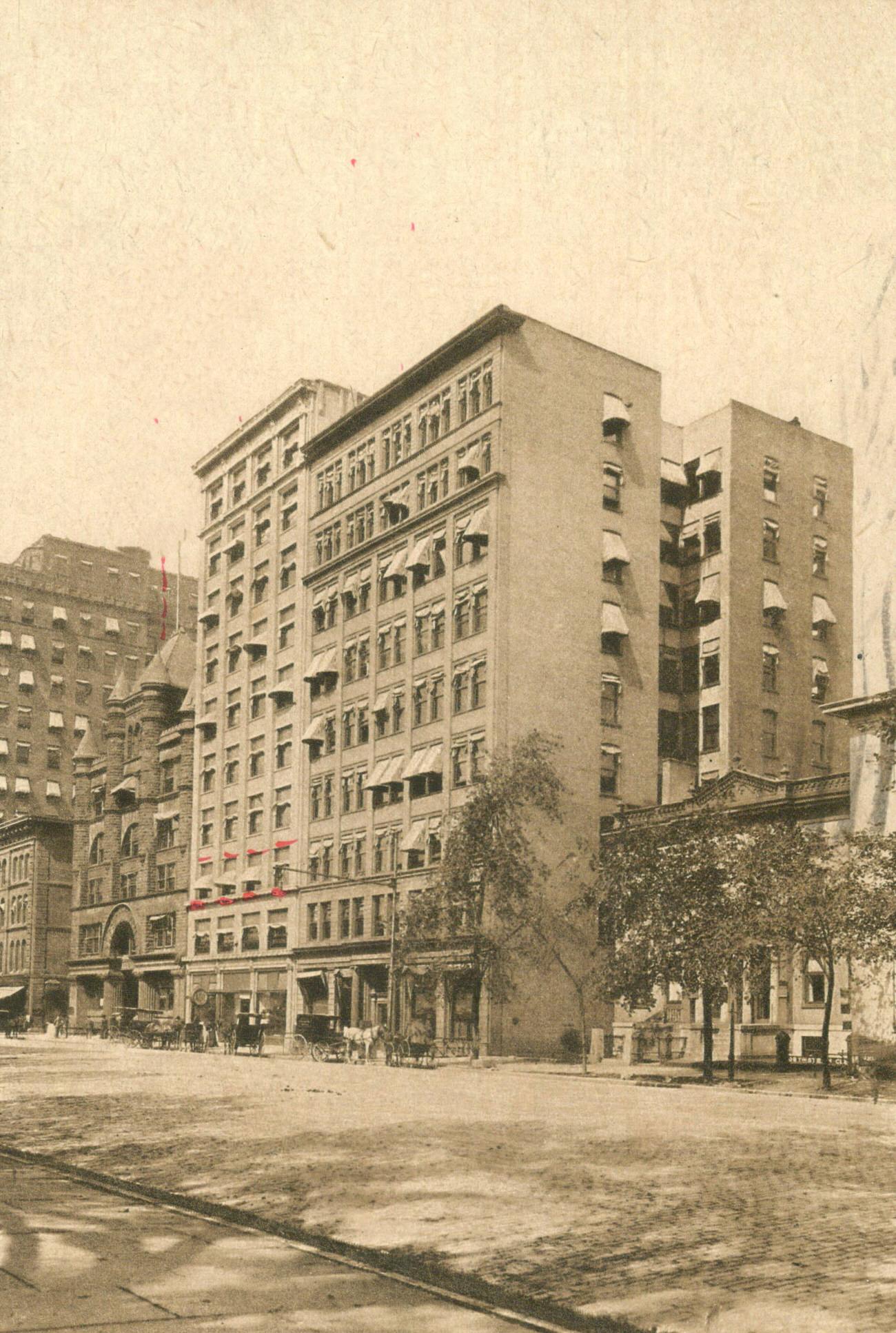 #4 Board of Trade Outlook and Spahr Buildings on Capital Square, view of East Broad Street, sender marks work location, 1880s