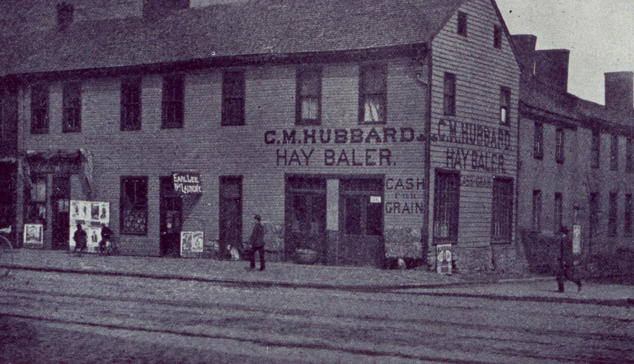 #21 C. M. Hubbard’s business at High and Cherry Streets, previously Swan Tavern, later Franklin House, demolished October 27, 1912, Circa 1892.