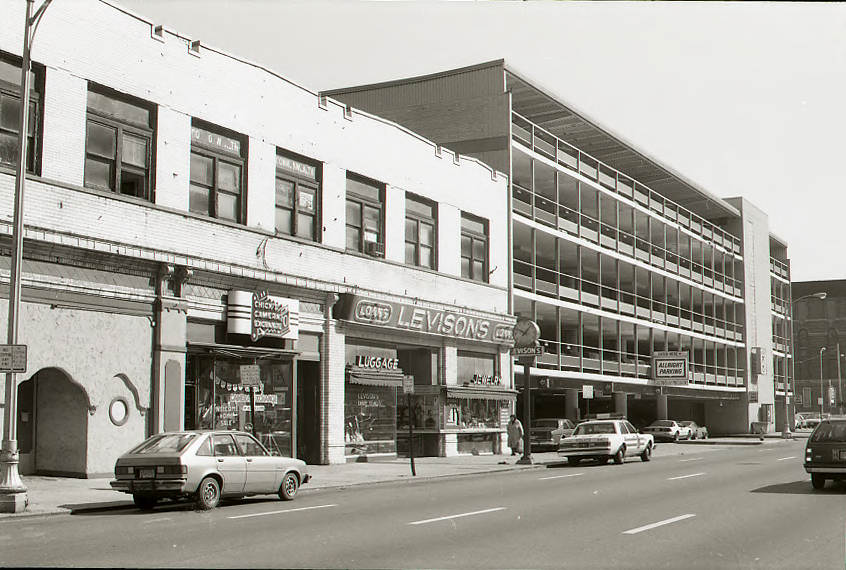 #5 Chick’s Camera Exchange, Levison’s pawnbroker, and Allright Parking on East Long Street, 1986.