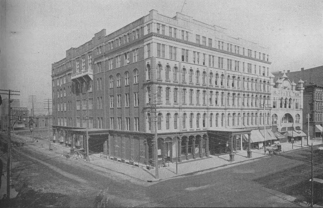 #24 Chittenden Hotel, transformation from business block to hotel in 1889-90, two stories added, first hotel destroyed by fire, rebuilt, second hotel also destroyed, third hotel opened in 1895, Circa 1892.