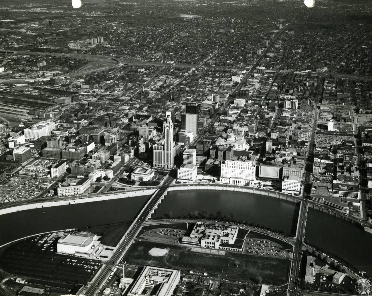 #25 Civic Center looking east across Scioto River with Broad St Bridge in center, featuring Veterans Administration building and Veterans Memorial Auditorium, October 27, 1965.