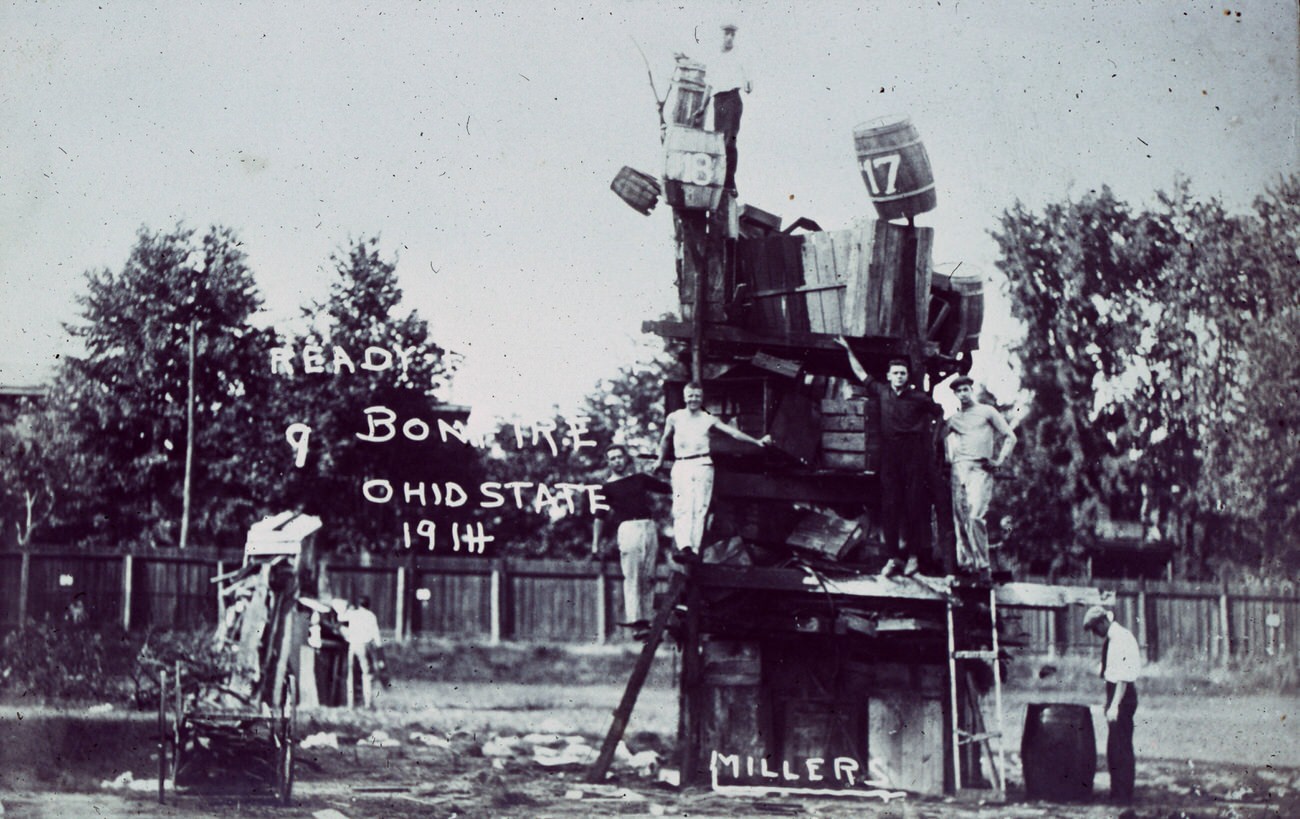 #50 Bonfire at the Ohio State University, students gathering fuel for a rally, 1914.