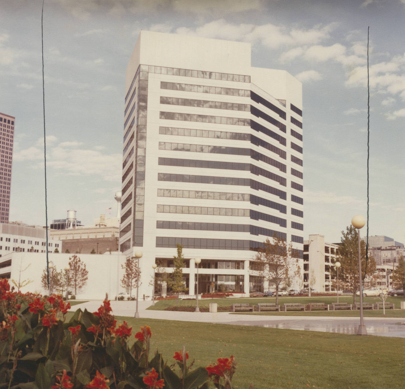 #7 Columbia Gas of Ohio building, opened on July 25, 1983, with 259,000 square feet on 14 floors, cost $30 million, view from Bicentennial Park, Circa 1980s