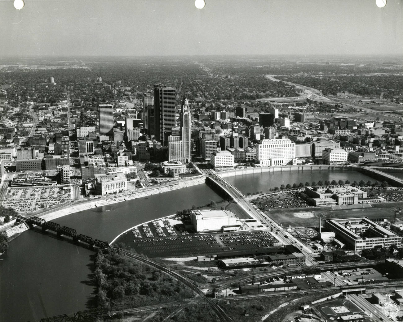 #1 Aerial view from west of the Scioto River towards downtown Columbus, 1973.