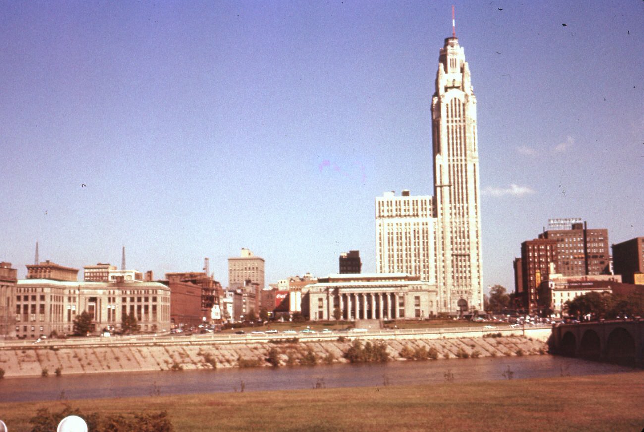 #32 Columbus Skyline from the Lower Scioto Greenway, featuring landmarks, 1957.
