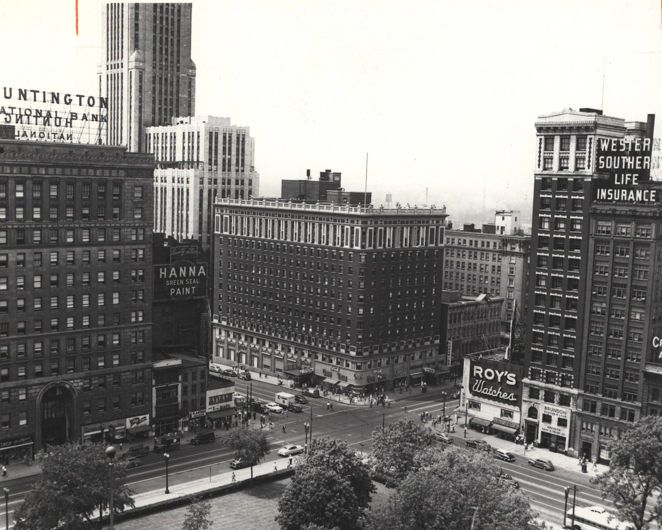 #138 Aerial view of the intersection at Broad and High Streets, centering on the Deshler Hotel, Columbus, 1980s