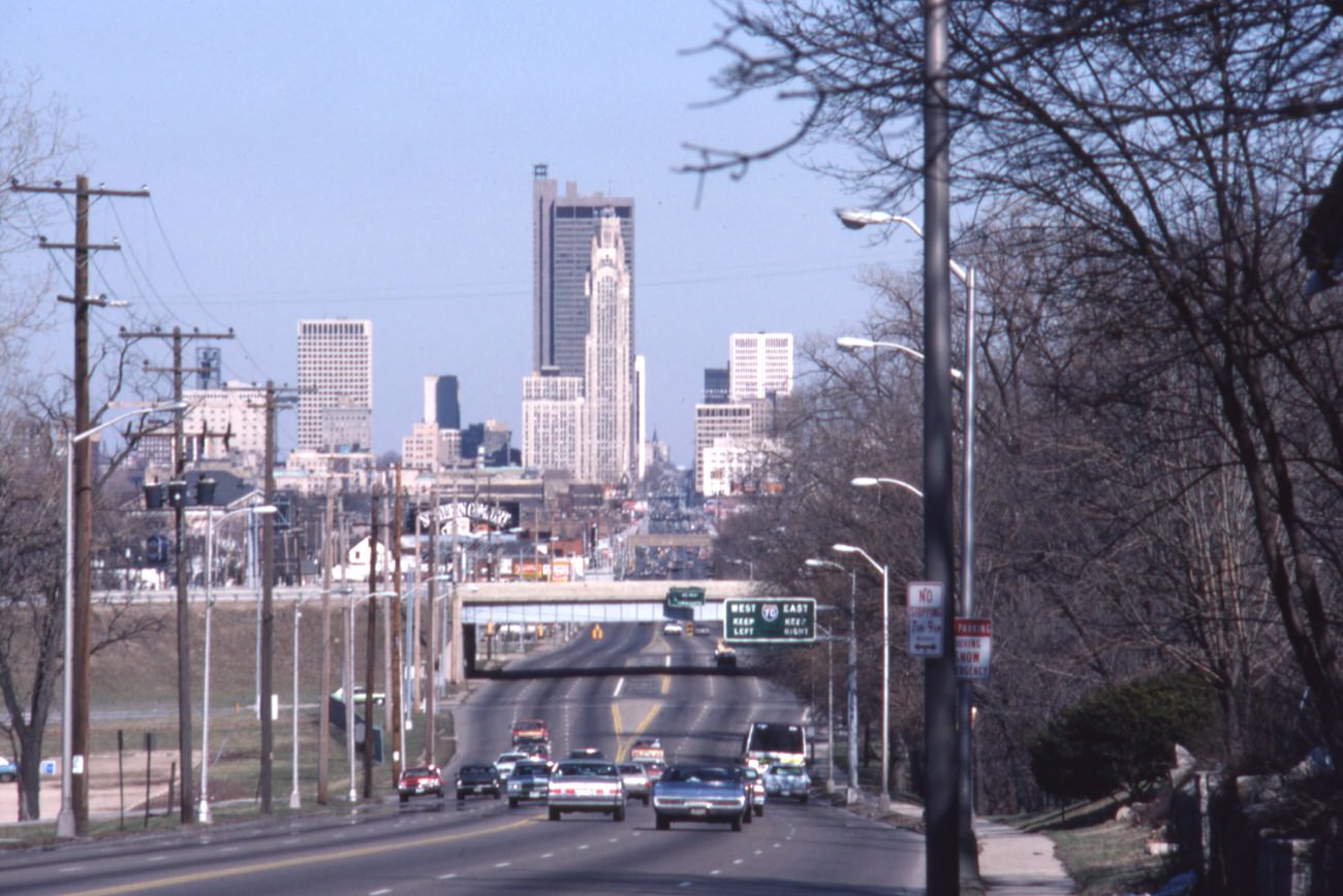 #96 View of Ohio Statehouse and downtown Columbus from West Broad Street, May 1982.