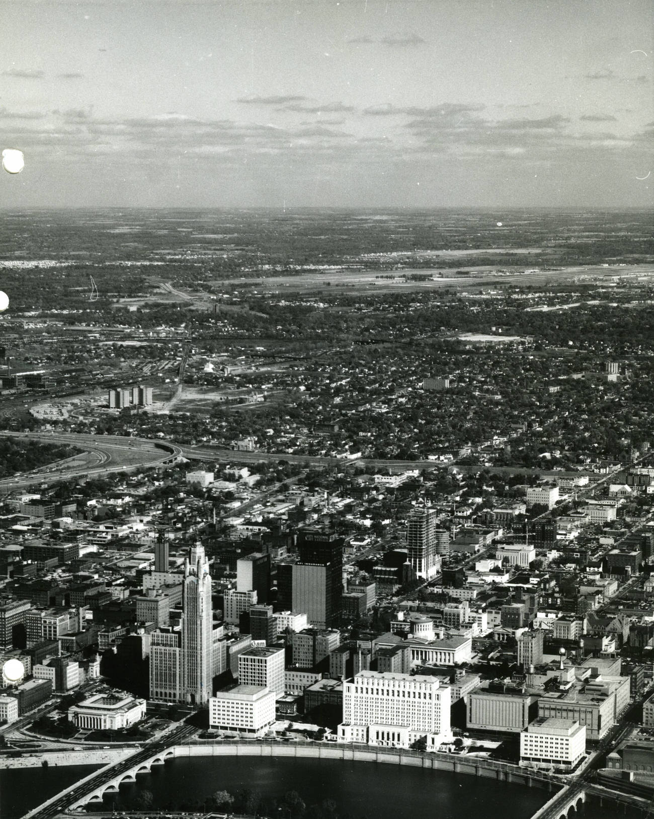 #29 Downtown Columbus view looking east from above Central High School, 1969.