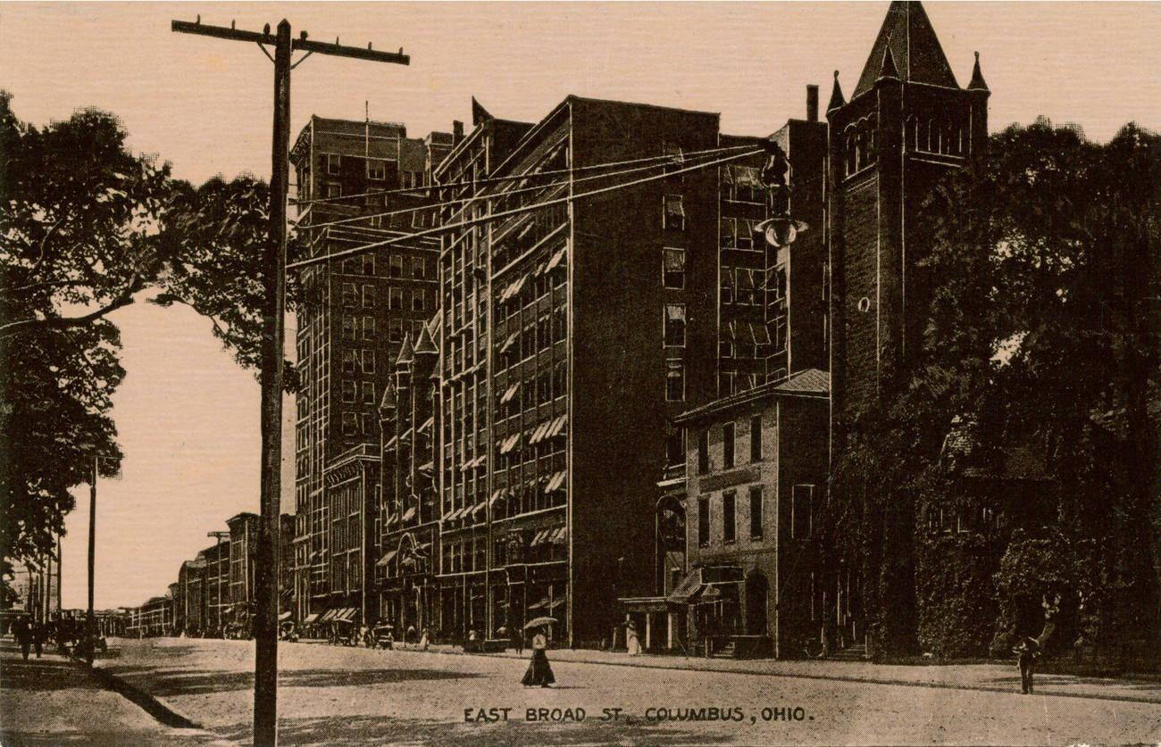 #19 East Broad Street postcard, Columbus, featuring several notable buildings, 1880s