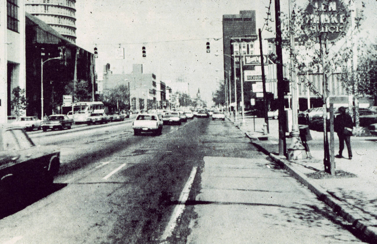 #25 East Broad Street with landmarks including Len Immke Buick and first Wendy’s Restaurant, Columbus, 1973.