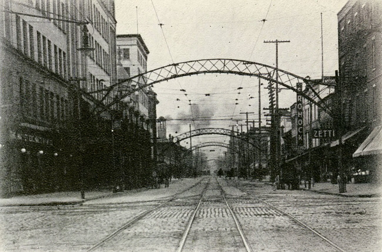 #21 Electric arches in downtown’s “Hub District” at South Fourth and Main Streets, 1880s