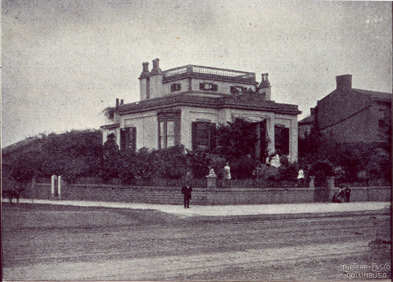 #56 George W. Foster house at Mound and High streets, demolished in the 1880s for business development, Circa 1898.