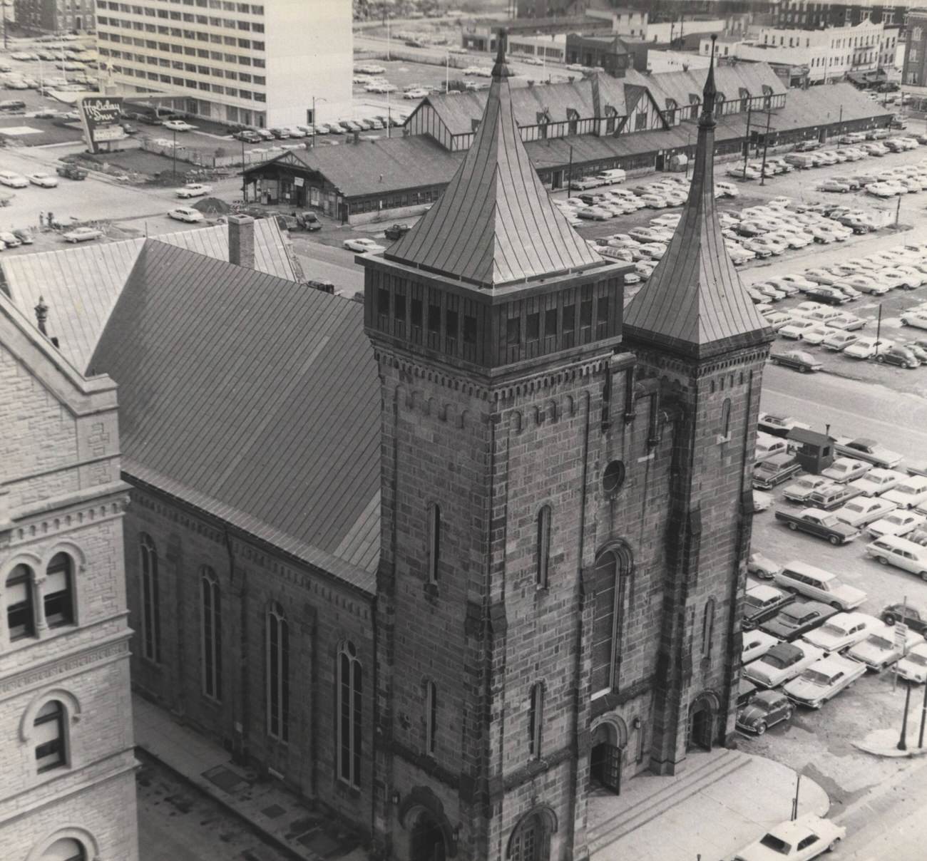 #38 Aerial view of Grace Central Presbyterian Church and Central Market, November 24, 1965.