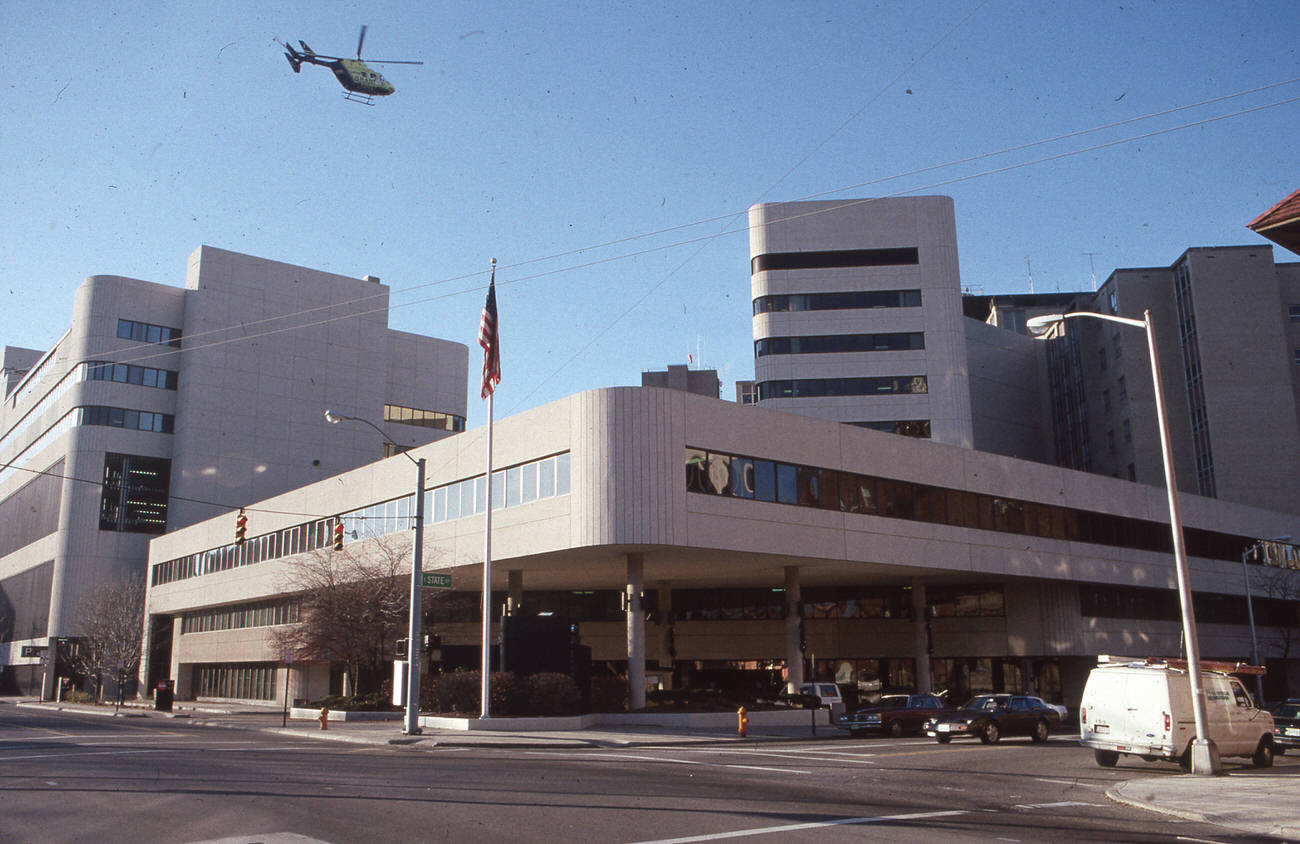 #36 Grant Hospital with Life Flight Helicopter above parking garage, 1990.