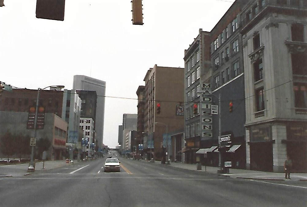 #104 View north on High Street from Gay Street, towards Madison department store and White Haines Building, 1985.